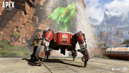 HD desktop wallpaper of Apex Legends featuring characters and a robot in a dynamic outdoor setting.