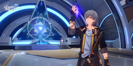 HD desktop wallpaper featuring Caelus from Honkai: Star Rail, standing inside a futuristic spaceship with a glowing hand gesture.