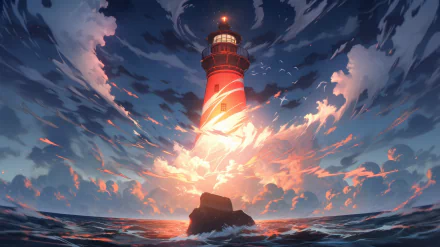 An AI-generated HD wallpaper featuring a vibrant lighthouse against a dramatic sky and sea.