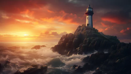 A striking AI art depiction of a lighthouse standing on rocky cliffs, surrounded by turbulent waves and a vibrant sunset, serving as an exquisite HD desktop background.