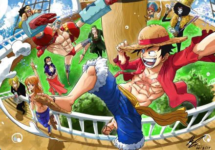 HD PC desktop wallpaper featuring vibrant anime characters from One Piece in dynamic poses against a bright, outdoor background.
