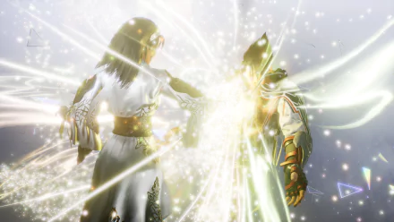 HD wallpaper of Jun Kazama and Jin Kazama from Tekken 8, depicted in a dynamic, bright combat scene.