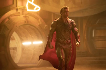 HD wallpaper featuring Adam Warlock from Guardians of the Galaxy Vol. 3, posing heroically in a spaceship corridor.