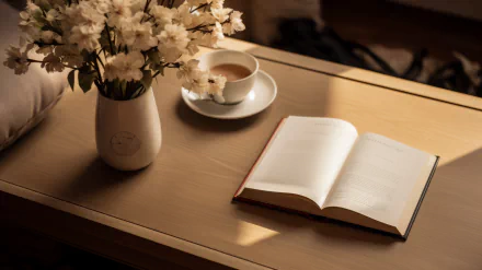 HD desktop wallpaper featuring a cozy reading nook with an open book, a cup of coffee, and a vase of white flowers on a wooden table, conveying a warm, peaceful ambiance.