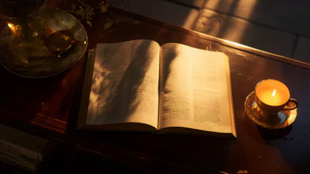 HD desktop wallpaper featuring an open book bathed in warm sunlight next to a lit candle, creating a cozy reading atmosphere.
