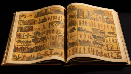 HD wallpaper of an open illustrated book with historical or mythological contents on a dark background.