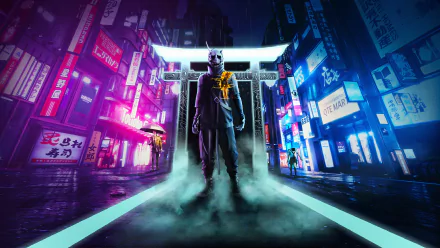 HD wallpaper of GhostWire: Tokyo featuring a mysterious figure in a mask standing amid fog on a neon-lit Tokyo street.