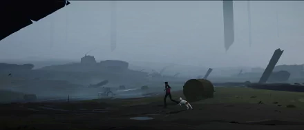HD desktop wallpaper featuring a mysterious and atmospheric Somerville theme with a silhouette of a character and a dog exploring a foggy, dystopian landscape.