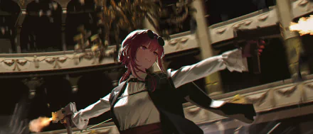 HD PC desktop wallpaper featuring Kafka from the video game Honkai: Star Rail in a dynamic pose inside an ornate building.