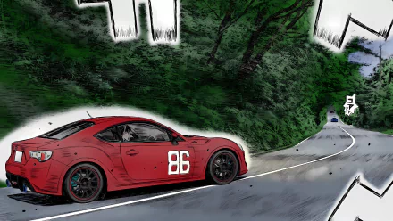 Anime-style MF Ghost scene featuring a red race car numbered 86 speeding on a winding forest road, rendered in 8K Ultra HD for a PC desktop wallpaper.