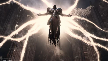 HD desktop wallpaper featuring a powerful figure with glowing wings ascending among ruins in the game Diablo IV.