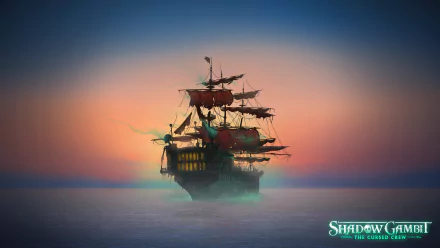 HD desktop wallpaper featuring a mystical ship from Shadow Gambit: The Cursed Crew set against a vibrant sunset and shadowy seas.