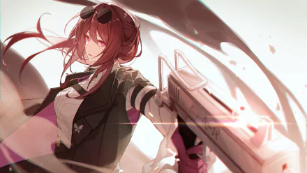 HD desktop wallpaper featuring Kafka from Honkai: Star Rail, depicted with dynamic red hair and a futuristic outfit against an action-packed backdrop.