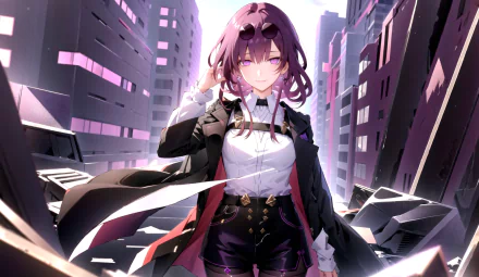 HD PC desktop wallpaper of Kafka from the video game Honkai: Star Rail, featuring her standing confidently amidst a futuristic cityscape with purple and pink tones.