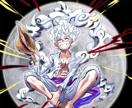 HD PC desktop wallpaper featuring Monkey D. Luffy in Gear 5 form from the anime One Piece, smiling confidently with the full moon and swirling smoke in the background.