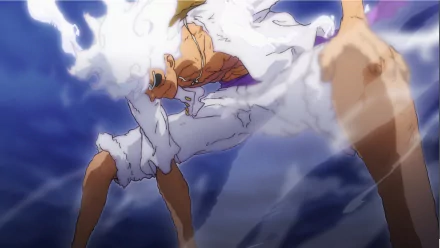 HD desktop wallpaper featuring Monkey D. Luffy in Gear 5 form from the anime One Piece, depicted in dynamic action with vivid colors and motion effects.