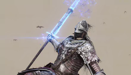 Elden Ring warrior with glowing blue sword HD desktop wallpaper.