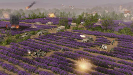 HD wallpaper of Men of War II with tanks and troops advancing through a purple flower field amidst battle.