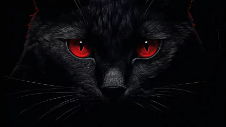 A striking HD wallpaper featuring a black cat with piercing red eyes, set against a dark background, showcasing the enigmatic beauty of this animal.