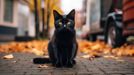 HD wallpaper of a black cat sitting on a cobblestone street with autumn leaves and vehicles in the background.