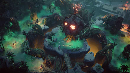HD desktop wallpaper of Shadow Gambit: The Cursed Crew featuring mystical island with glowing eyes in a lush setting.