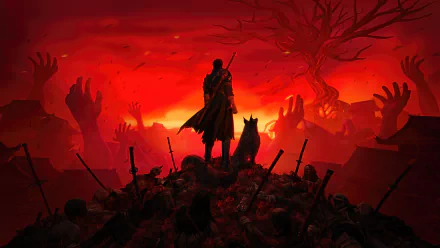 HD desktop wallpaper of Hellsweeper VR showing a silhouette of a warrior and a wolf standing atop a hill of bones under a red, apocalyptic sky with ominous, outstretched hands in the background.