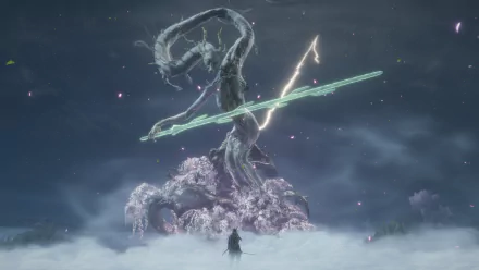 4K Ultra HD PC wallpaper featuring a dramatic scene from the video game Sekiro: Shadows Die Twice with a warrior facing a glowing spectral dragon.