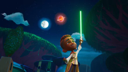 HD desktop wallpaper featuring a scene from Star Wars: Young Jedi Adventures with a young Jedi holding a green lightsaber under a starry sky with planets.