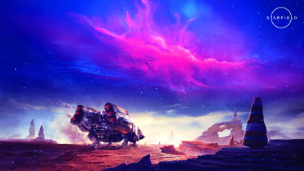 HD wallpaper for Xbox Series X featuring Starfield by Microsoft. Alien landscape with a spaceship under a vibrant, ethereal sky.