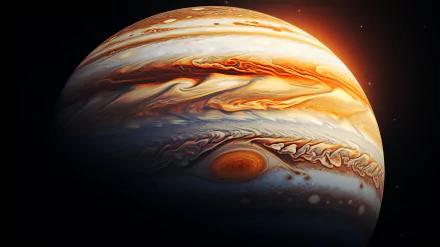 HD desktop wallpaper featuring a vibrant, sci-fi inspired depiction of planet Jupiter, highlighting its swirling storms and famous Great Red Spot.