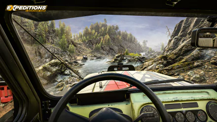 First-person view from the driver's seat in an off-road vehicle, featuring a rugged terrain from Expeditions: A MudRunner Game - HD desktop wallpaper.