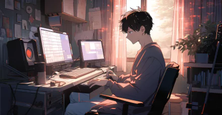 A serene anime room scene featuring a young person at a desk with two monitors, surrounded by soft lighting and a window view, creating a cozy lofi atmosphere. HD desktop wallpaper.
