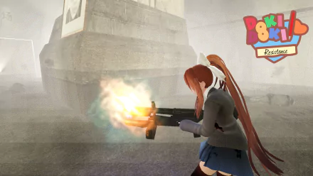 5K Ultra HD PC wallpaper of Monika (Doki Doki Literature Club!) firing a gun in a foggy, industrial video game scene.