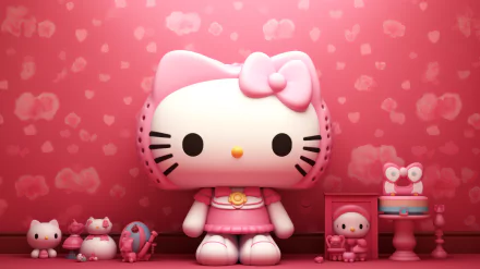 HD Hello Kitty desktop wallpaper featuring a cute Hello Kitty figurine with pink bow in a pink-themed room with hearts and toys.