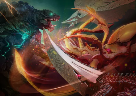 A dynamic HD wallpaper featuring epic battles from the TV show Gamera Rebirth, showcasing Godzilla and other iconic monsters in a vivid, action-packed scene.