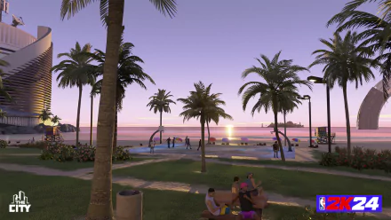 HD wallpaper of NBA 2K24 virtual sunset scene with palm trees and players at a beachside basketball court.
