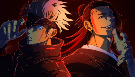 Vibrant 8K Ultra HD wallpaper featuring Satoru Gojo and Suguru Geto from the anime Jujutsu Kaisen, showcasing dynamic lighting and intense expressions.