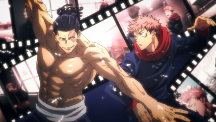 HD PC desktop wallpaper featuring dynamic anime characters from Jujutsu Kaisen in an action-packed scene with vibrant lighting and film strip effects.