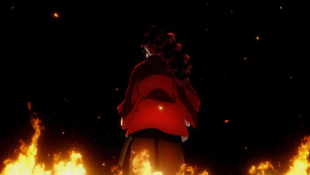 HD anime desktop wallpaper featuring a character from Demon Slayer: Kimetsu no Yaiba standing amidst flames against a dark background.