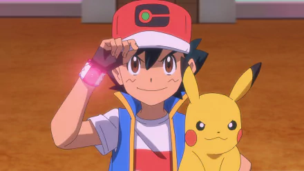 HD desktop wallpaper featuring Ash Ketchum and Pikachu from Pokémon Ultimate Journeys: The Series, posing with a friendly smile and ready for an adventure.