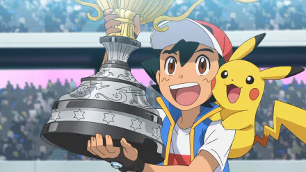 Ash Ketchum holds a trophy, celebrating his victory with Pikachu by his side, from Pokémon Ultimate Journeys: The Series. A vibrant HD desktop wallpaper capturing their excitement.