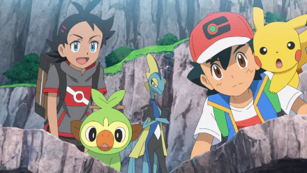 HD wallpaper featuring Ash Ketchum, Pikachu, Goh, and Grookey from Pokémon Ultimate Journeys: The Series.