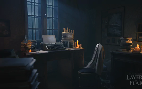 HD desktop wallpaper of Layers of Fear showing a dimly lit atmospheric study room with a typewriter, candles, and ominously empty chair.