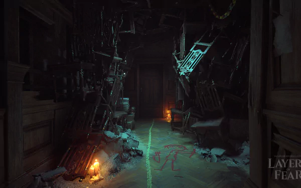 HD desktop wallpaper featuring a dark, eerie corridor from the game Layers of Fear with ominous lighting and scattered furniture.