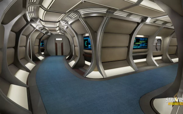 HD desktop wallpaper featuring the interior corridor of a spaceship from Star Trek: Resurgence, with a futuristic design.