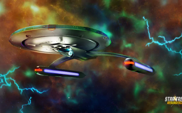 HD desktop wallpaper featuring a Star Trek: Resurgence spaceship soaring through a colorful nebula with electric energy currents
