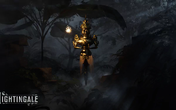 Mystical Nightingale-themed HD desktop wallpaper featuring an armored figure with glowing elements in a dark, enchanted forest setting.