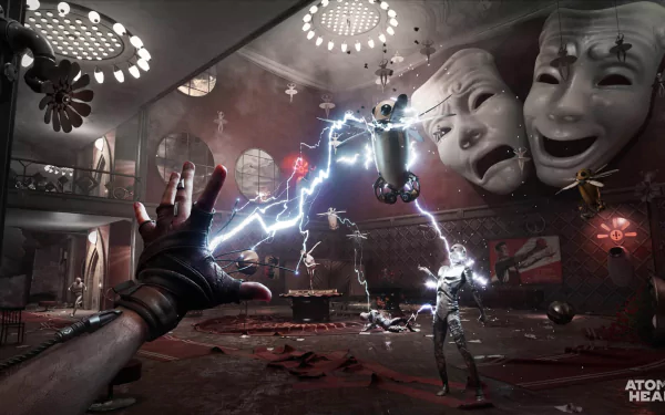 HD desktop wallpaper featuring a scene from Atomic Heart with a dynamic battle, lightning effects, and floating masks in a dystopian setting.