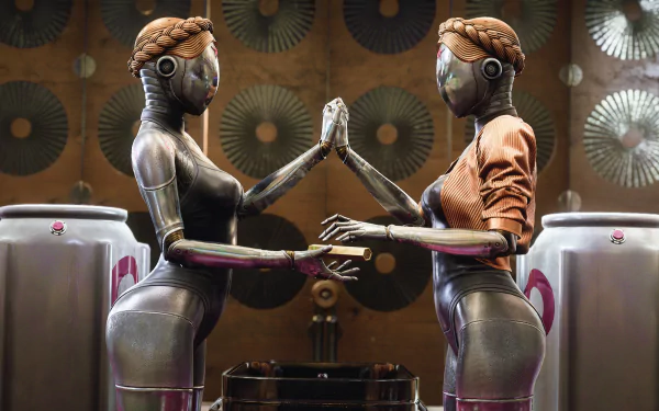 HD Wallpaper featuring The Twins from Atomic Heart video game as a desktop background.