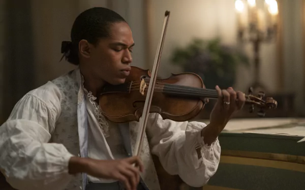 A person in historical clothing playing the violin with intense focus, suitable as a Chevalier-themed HD desktop wallpaper and background.